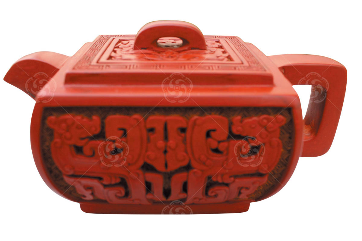 紅雕漆龍紋四方茶壺